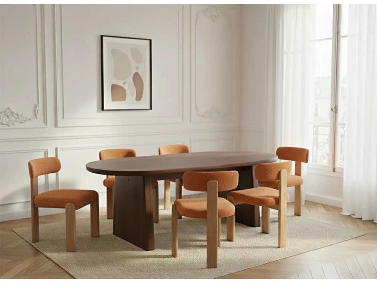Ensemble PABLO avec table à manger ovale 220 cm placage noyer + chaises TANYA tissu texturé - Image 6