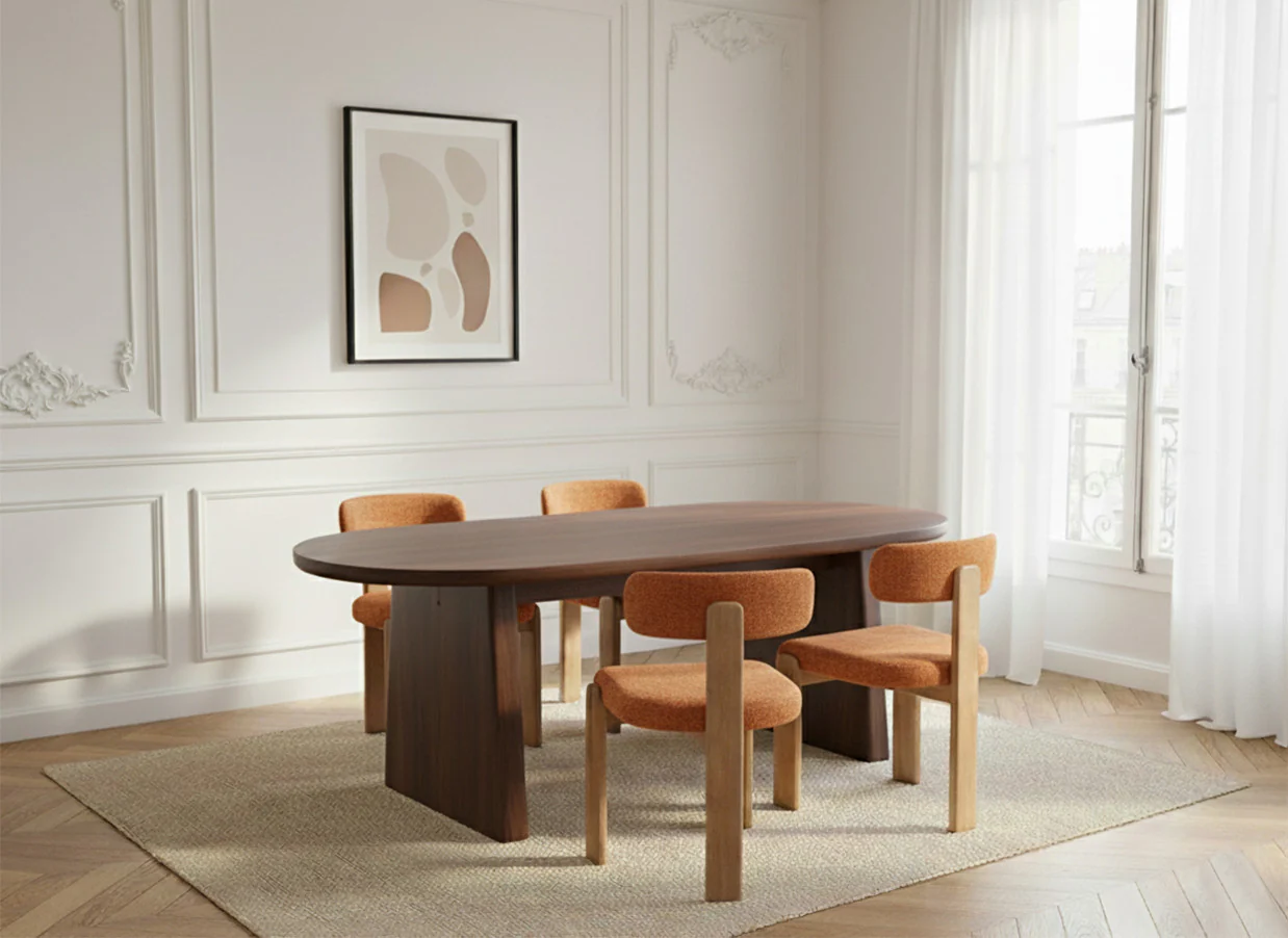 Ensemble PABLO avec table à manger ovale 220 cm placage noyer + chaises TANYA tissu texturé - Image 7