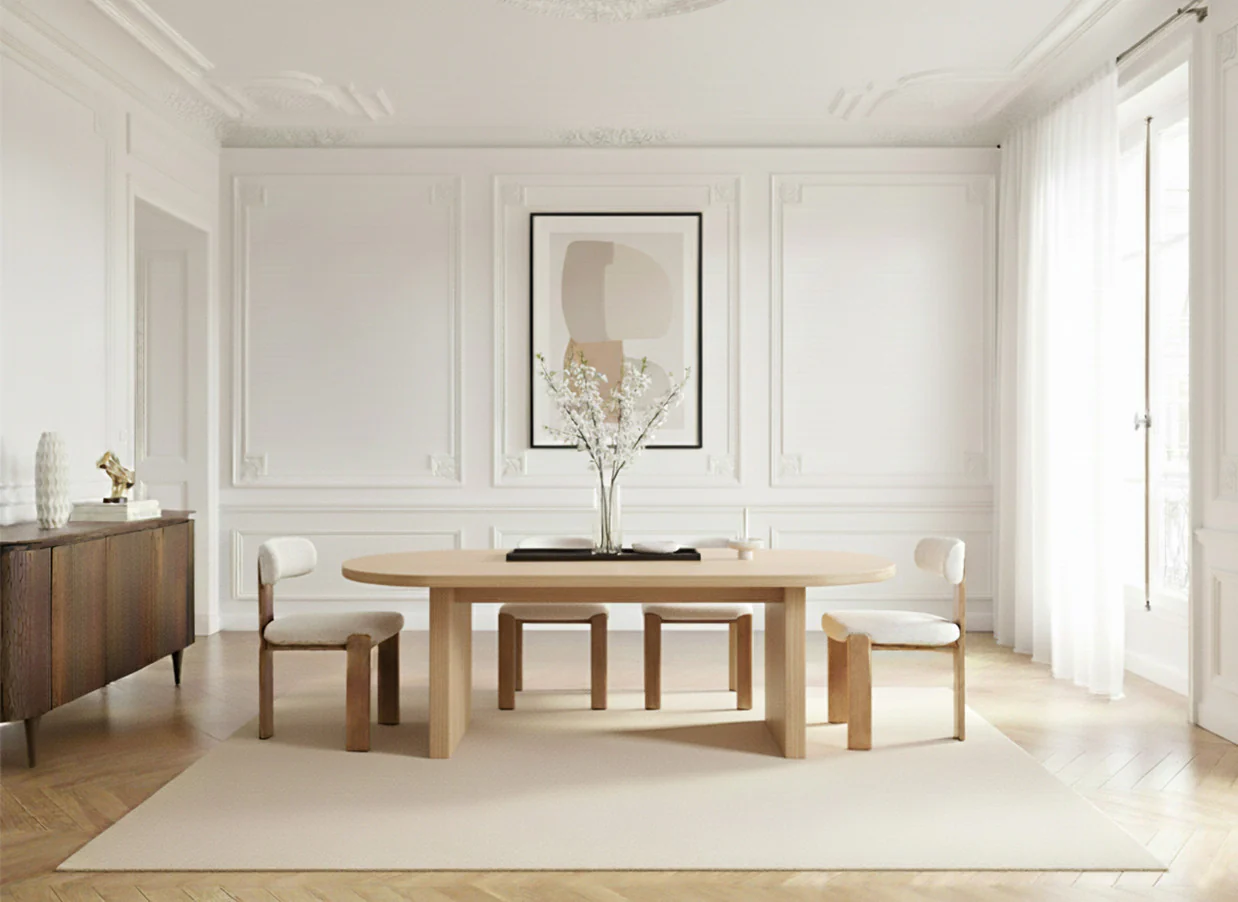Ensemble PABLO avec table à manger ovale 220 cm placage noyer + chaises TANYA tissu texturé - Image 8