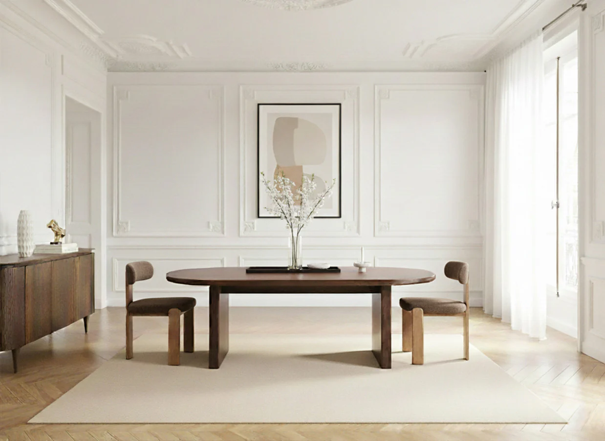 Ensemble PABLO avec table à manger ovale 220 cm placage noyer + chaises TANYA tissu texturé - Image 9