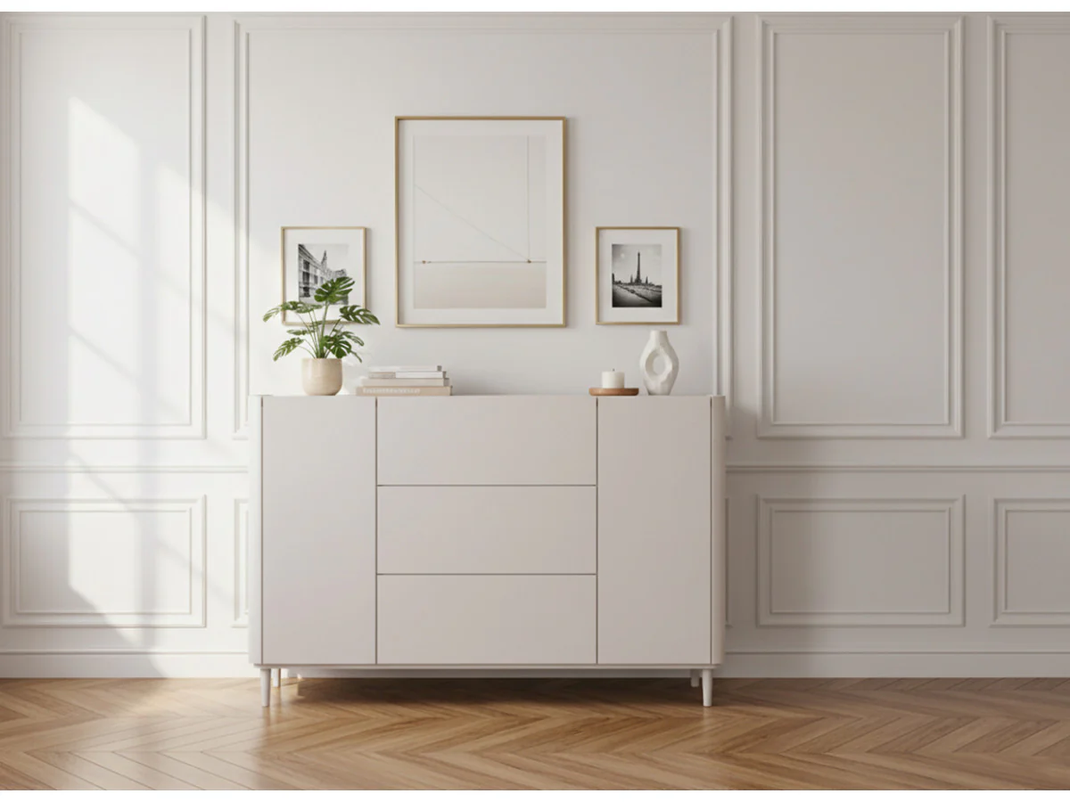 Buffet 2 portes 3 tiroirs 150 cm ANYRA pieds en bois massif - Image 2