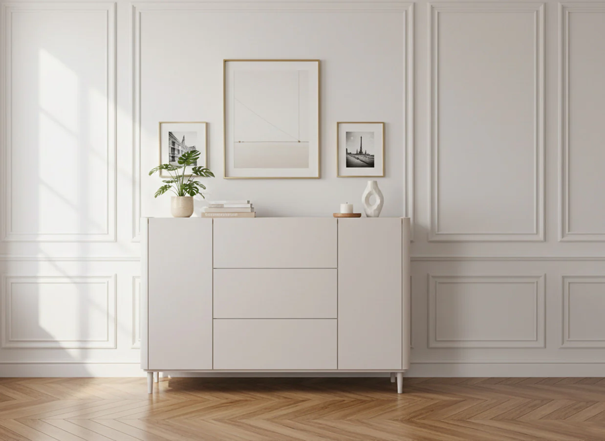 Buffet 2 portes 3 tiroirs 150 cm ANYRA pieds en bois massif - Image 4