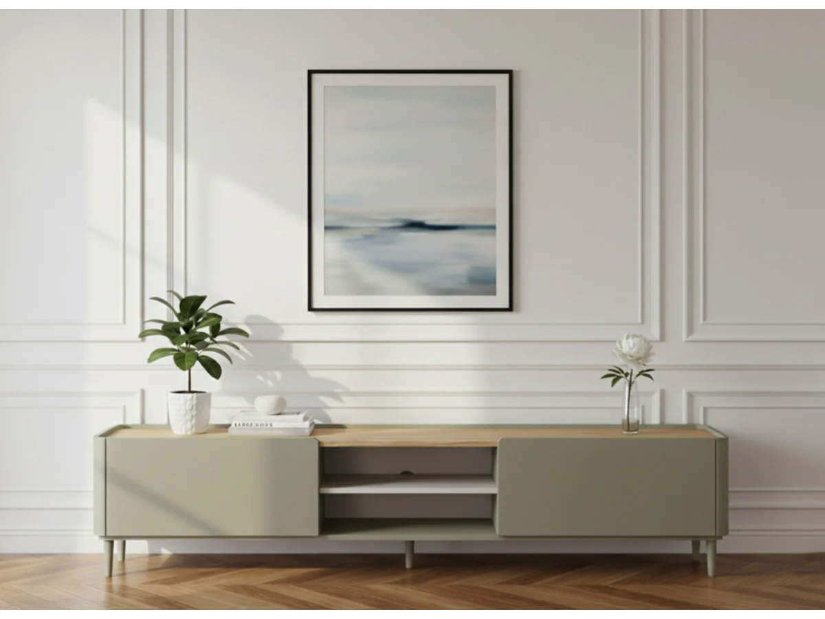 Meuble TV 1 porte 1 tiroir 220 cm ANYRA pieds en bois massif - Image 2