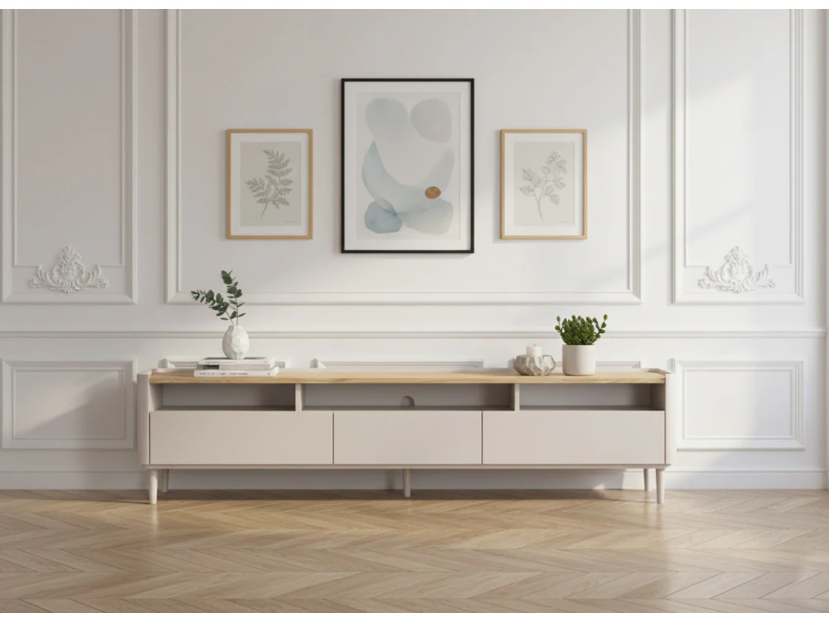 Meuble TV 1 porte 2 tiroirs 200 cm ANYRA pieds en bois massif