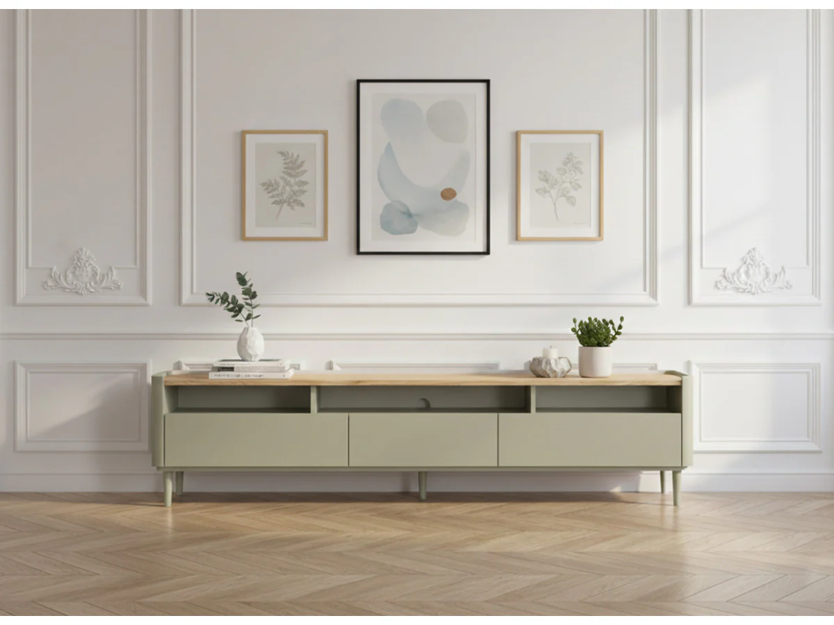 Meuble TV 1 porte 2 tiroirs 200 cm ANYRA pieds en bois massif - Image 2