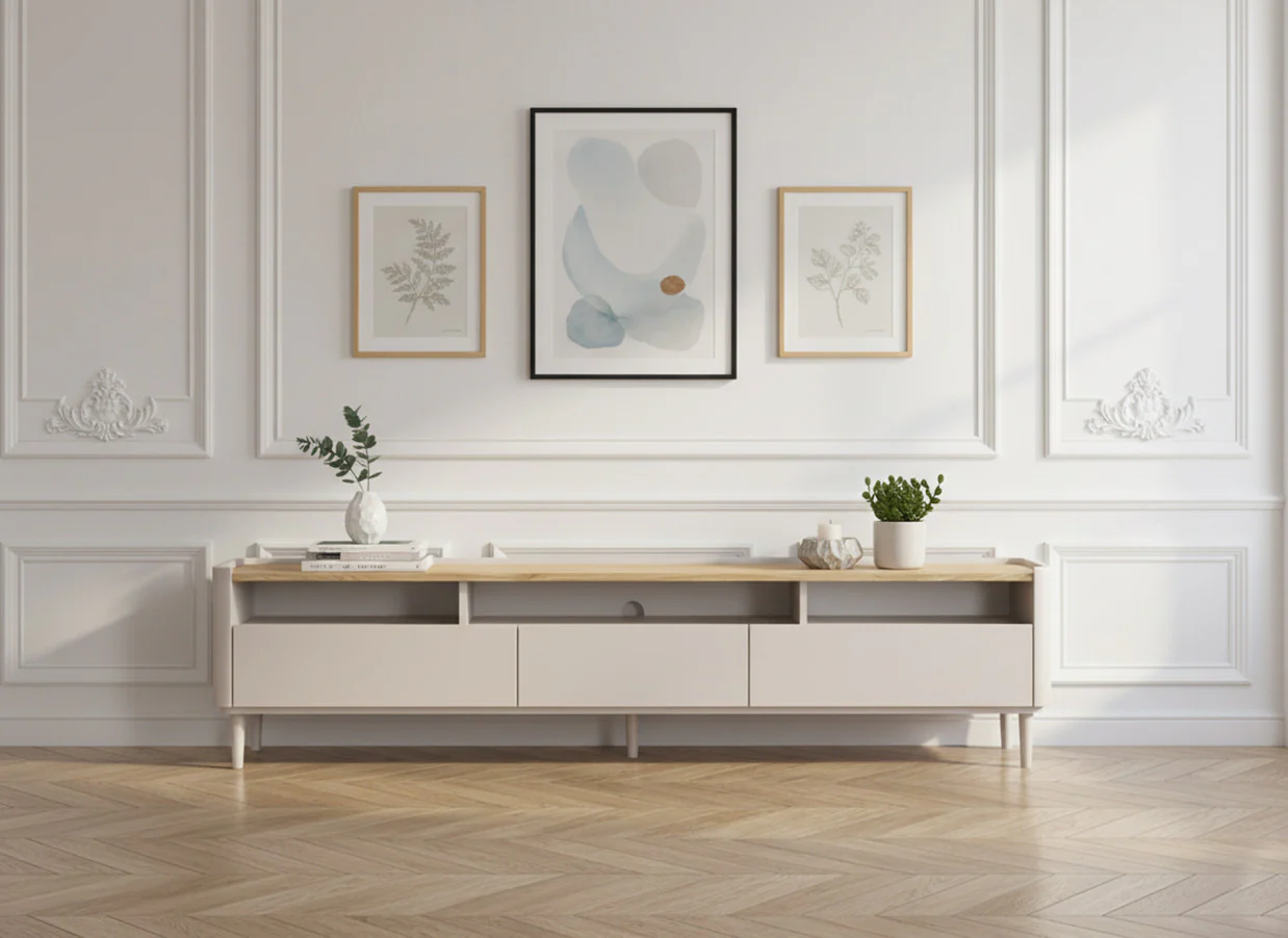 Meuble TV 1 porte 2 tiroirs 200 cm ANYRA pieds en bois massif - Image 3
