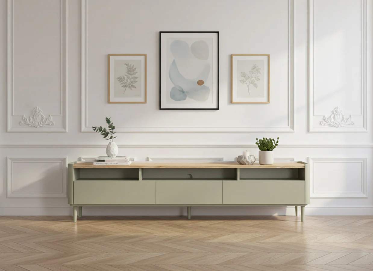 Meuble TV 1 porte 2 tiroirs 200 cm ANYRA pieds en bois massif - Image 4