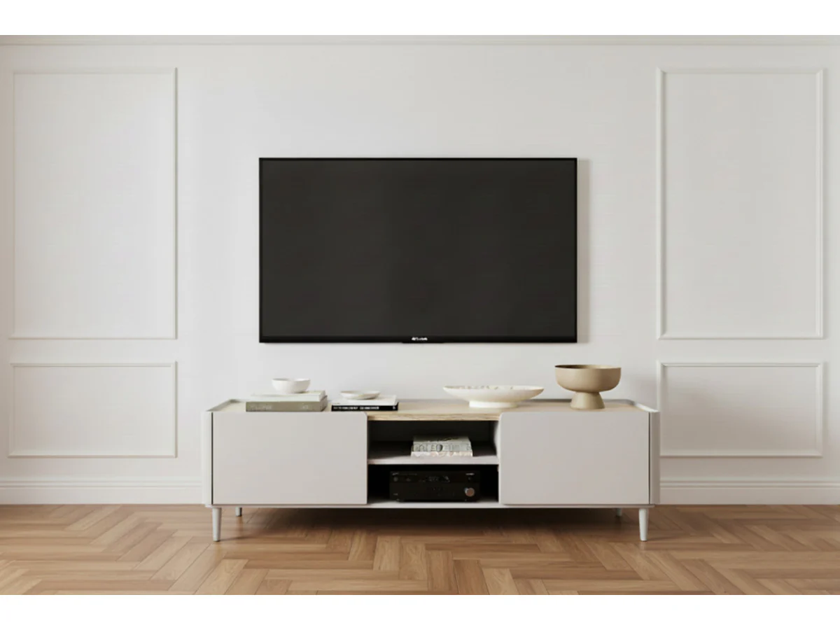 Meuble TV 1 porte 1 tiroir 170 cm ANYRA pieds en bois massif