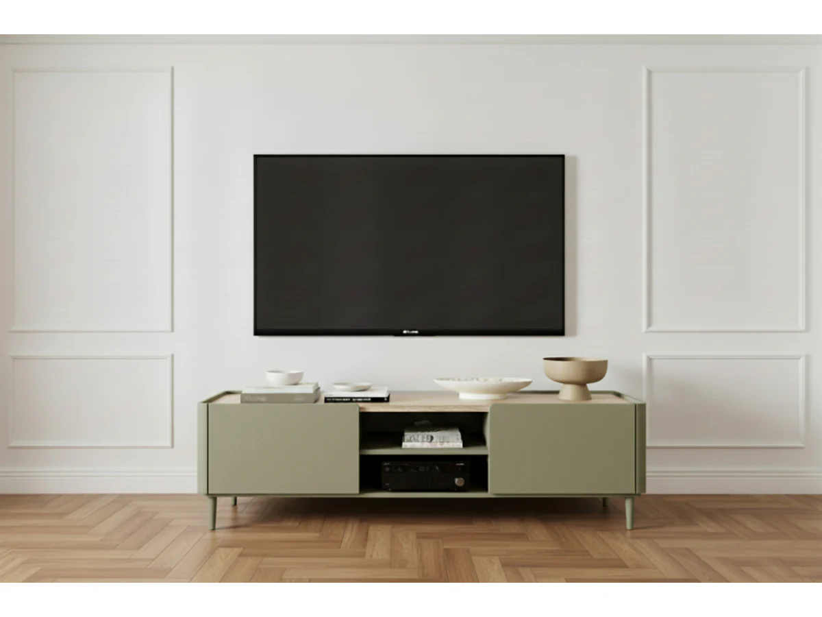 Meuble TV 1 porte 1 tiroir 170 cm ANYRA pieds en bois massif - Image 2