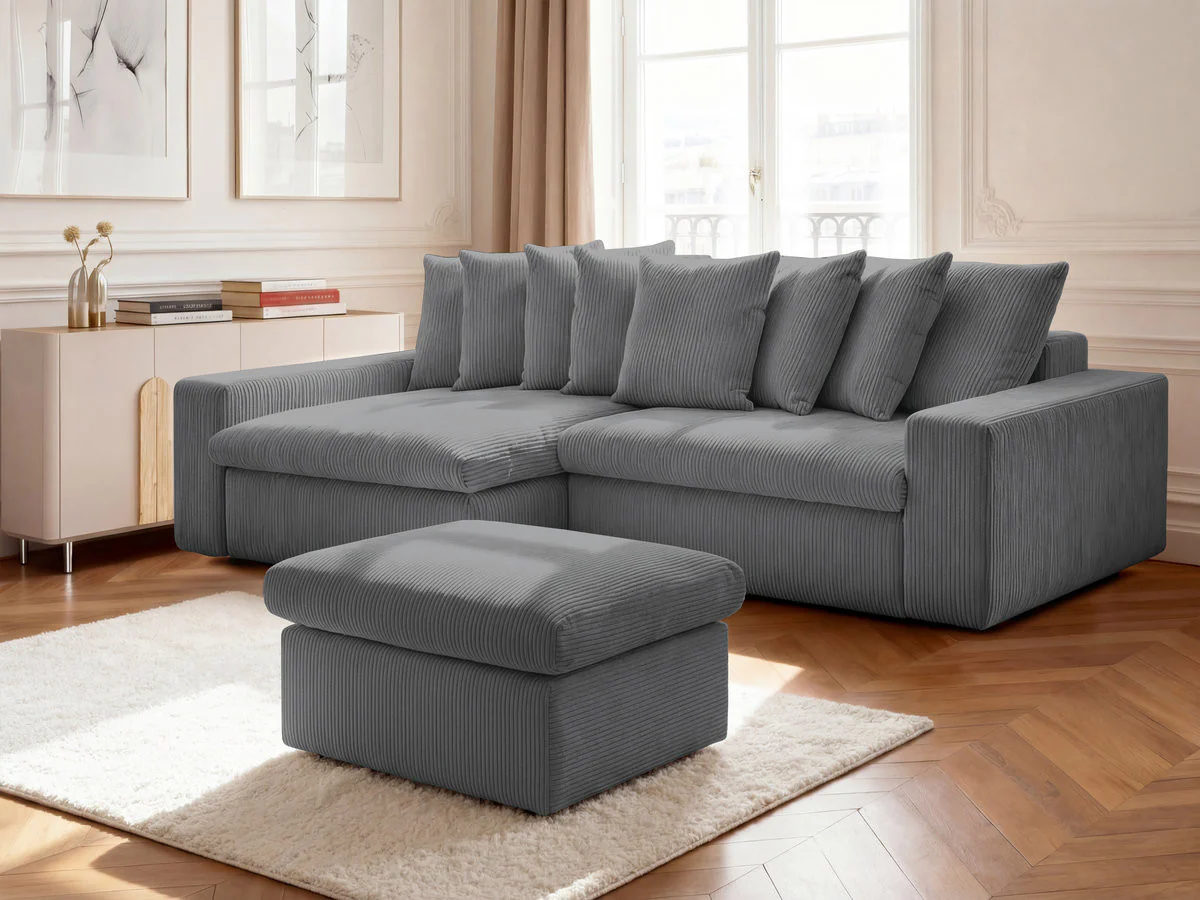 Canapé d'angle fixe ENORE velours côtelé avec pouf - Image 11