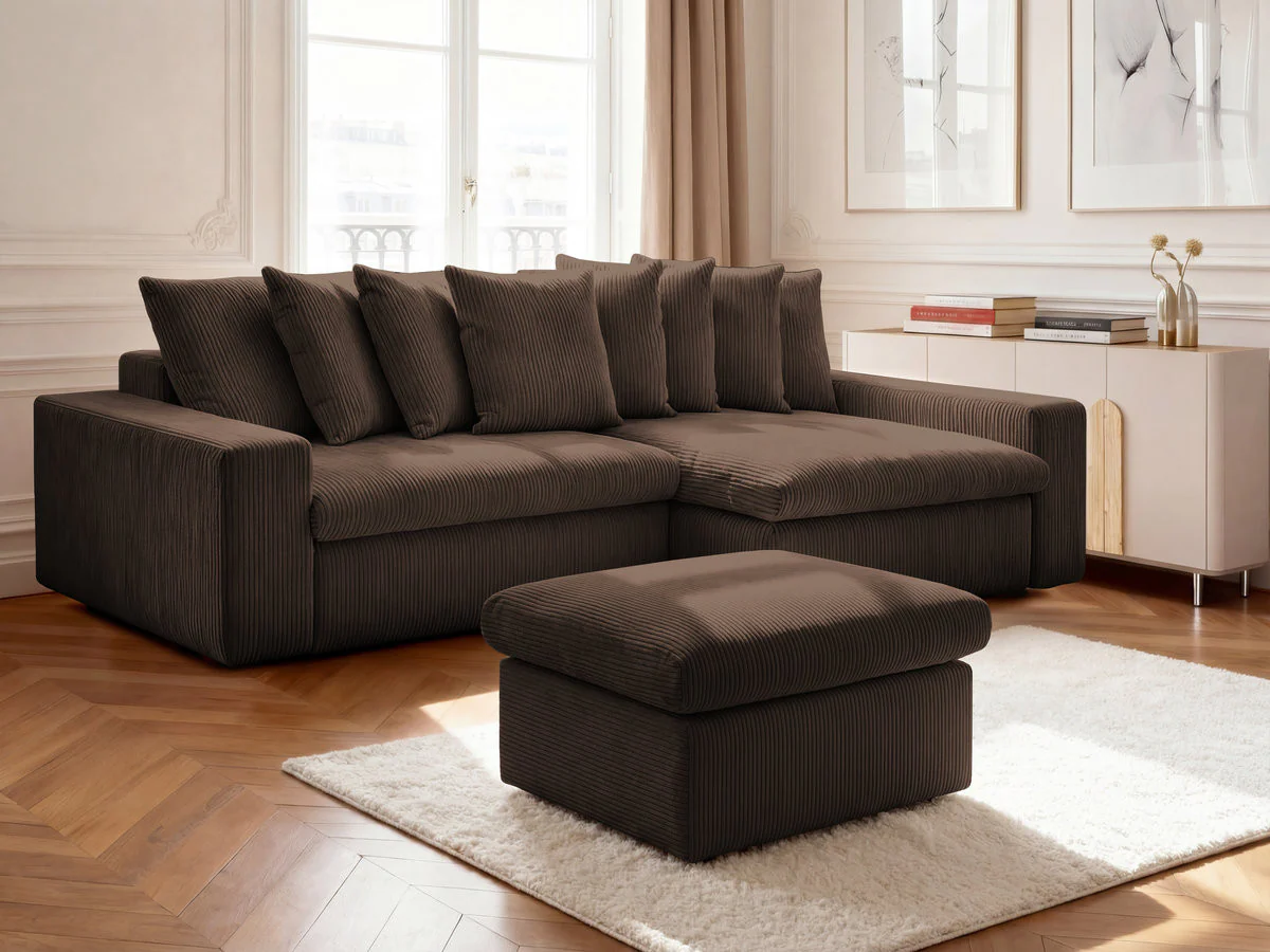 Canapé d'angle fixe ENORE velours côtelé avec pouf - Image 2