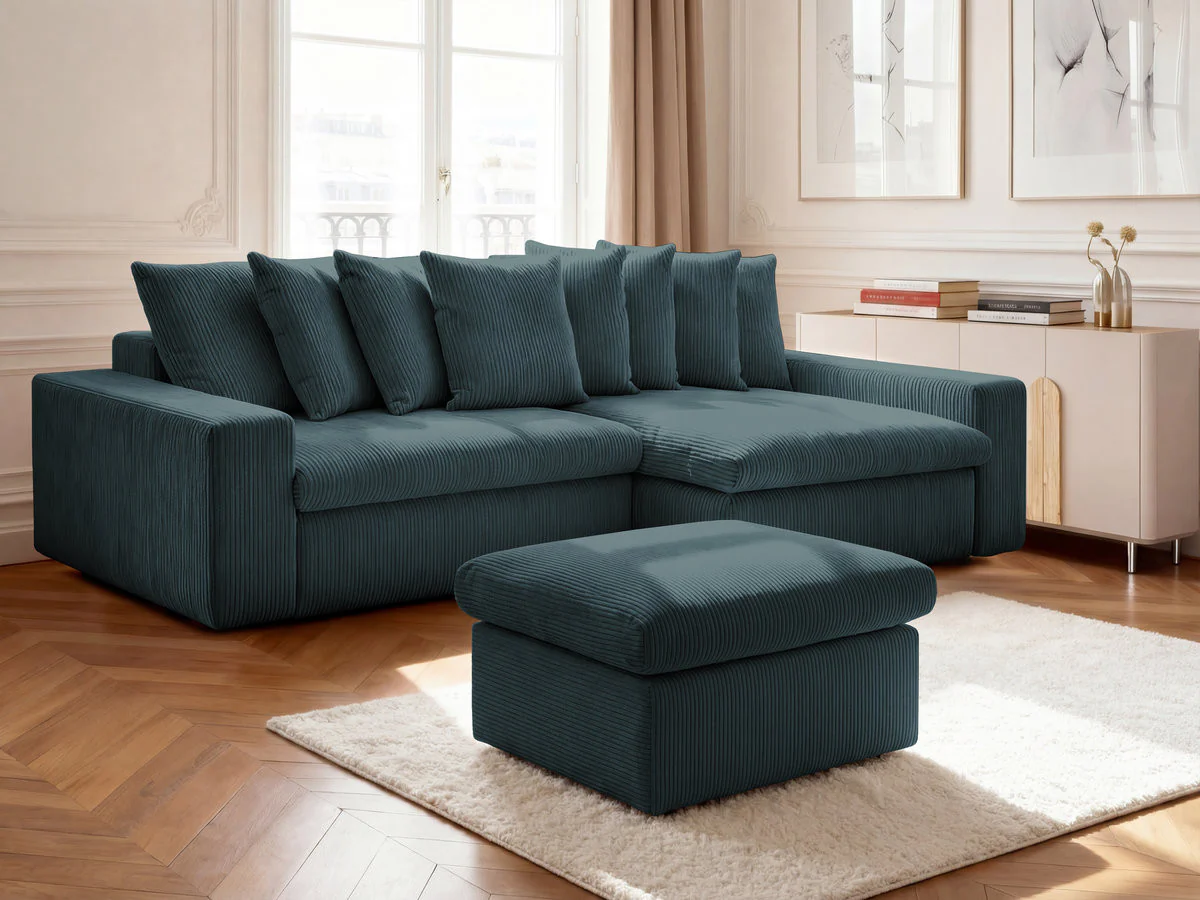 Canapé d'angle fixe ENORE velours côtelé avec pouf - Image 23