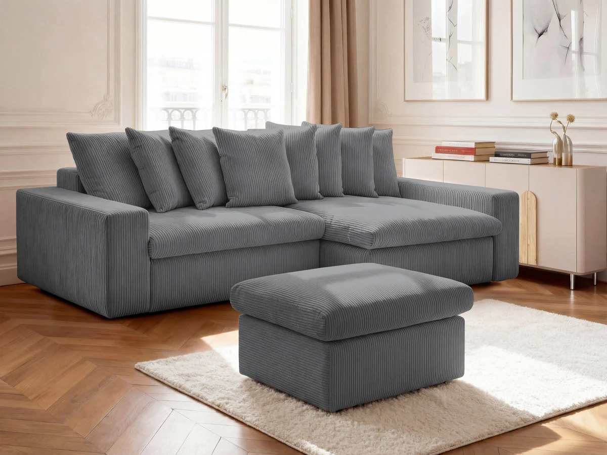 Canapé d'angle fixe ENORE velours côtelé avec pouf - Image 3