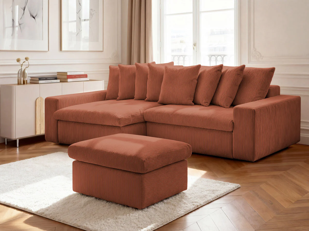 Canapé d'angle fixe ENORE velours côtelé avec pouf - Image 34