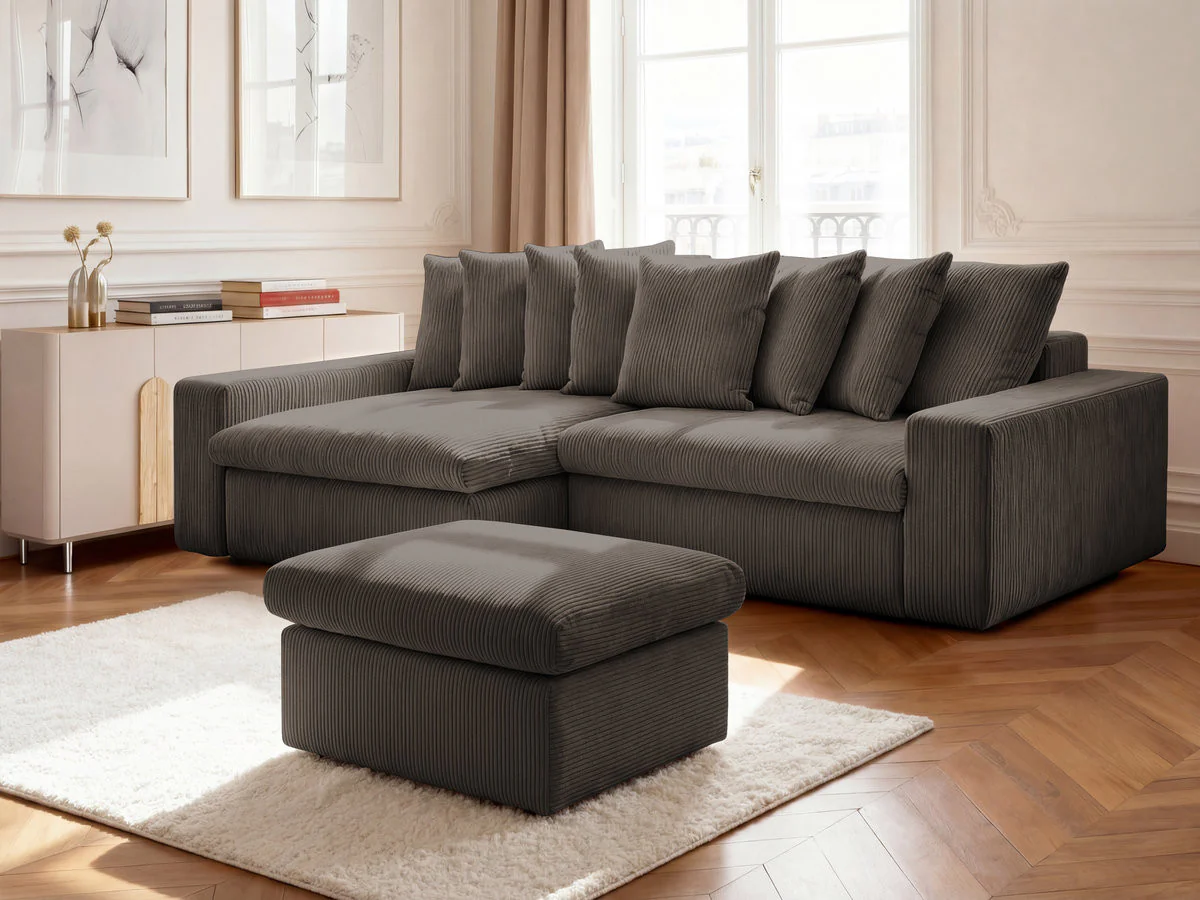 Canapé d'angle fixe ENORE velours côtelé avec pouf - Image 38