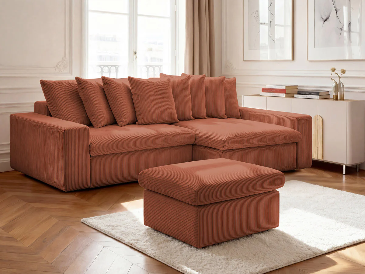 Canapé d'angle fixe ENORE velours côtelé avec pouf - Image 4