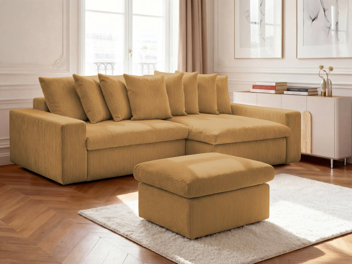 Canapé d'angle fixe ENORE velours côtelé avec pouf - Image 5