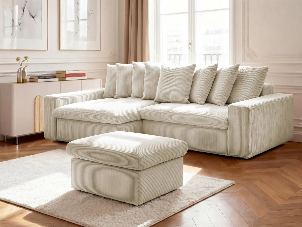 Canapé d'angle fixe ENORE velours côtelé avec pouf - Image 9
