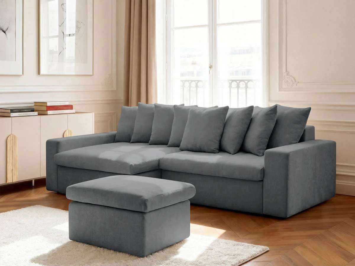 Canapé d'angle fixe ENORE tissu lisse avec pouf - Image 10