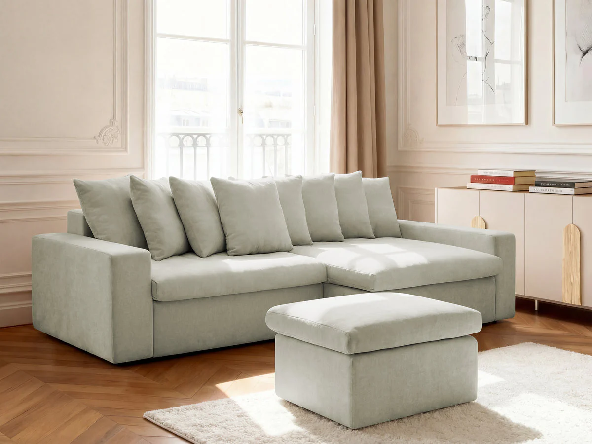 Canapé d'angle fixe ENORE tissu lisse avec pouf - Image 23
