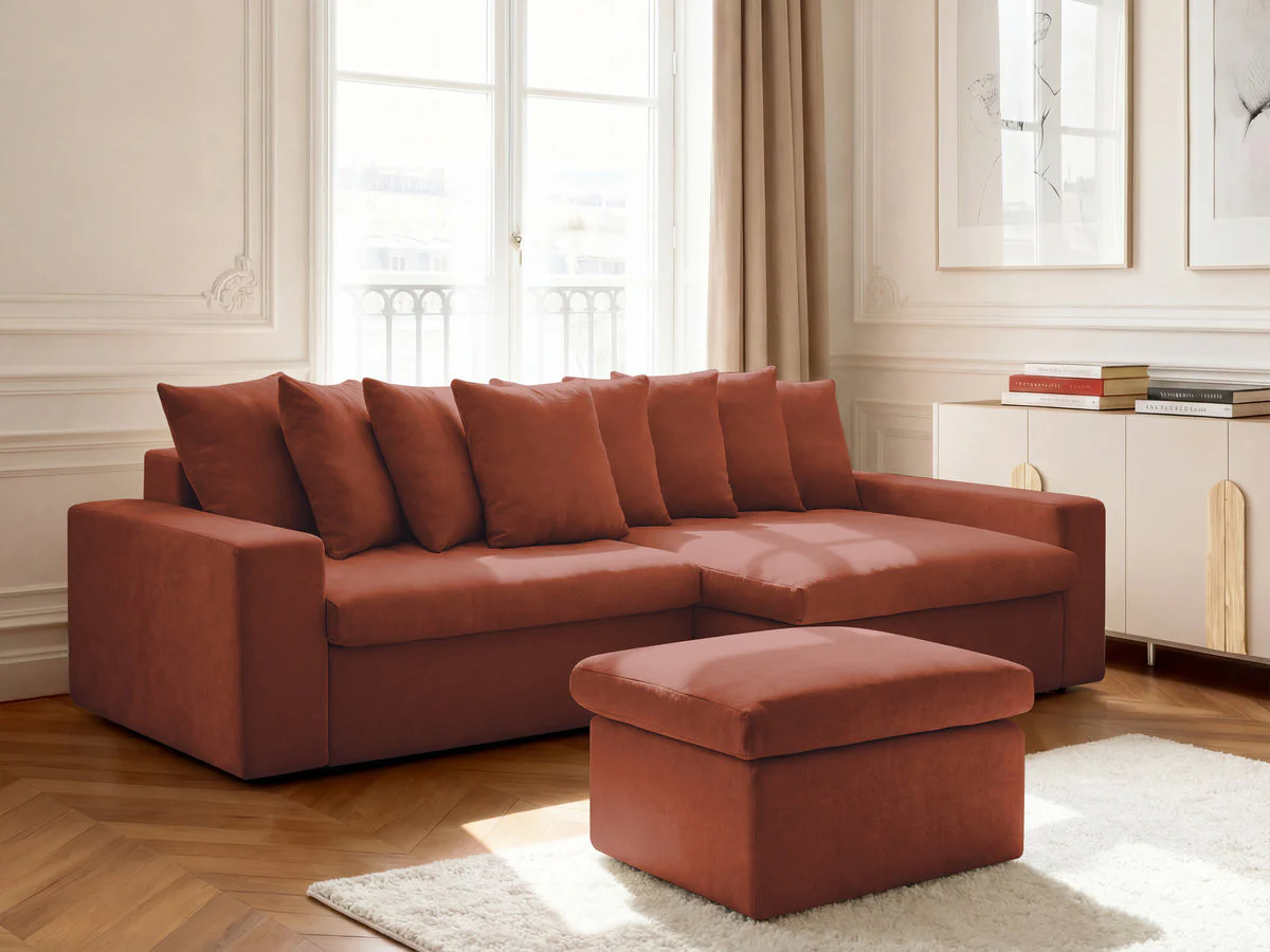 Canapé d'angle fixe ENORE tissu lisse avec pouf - Image 3