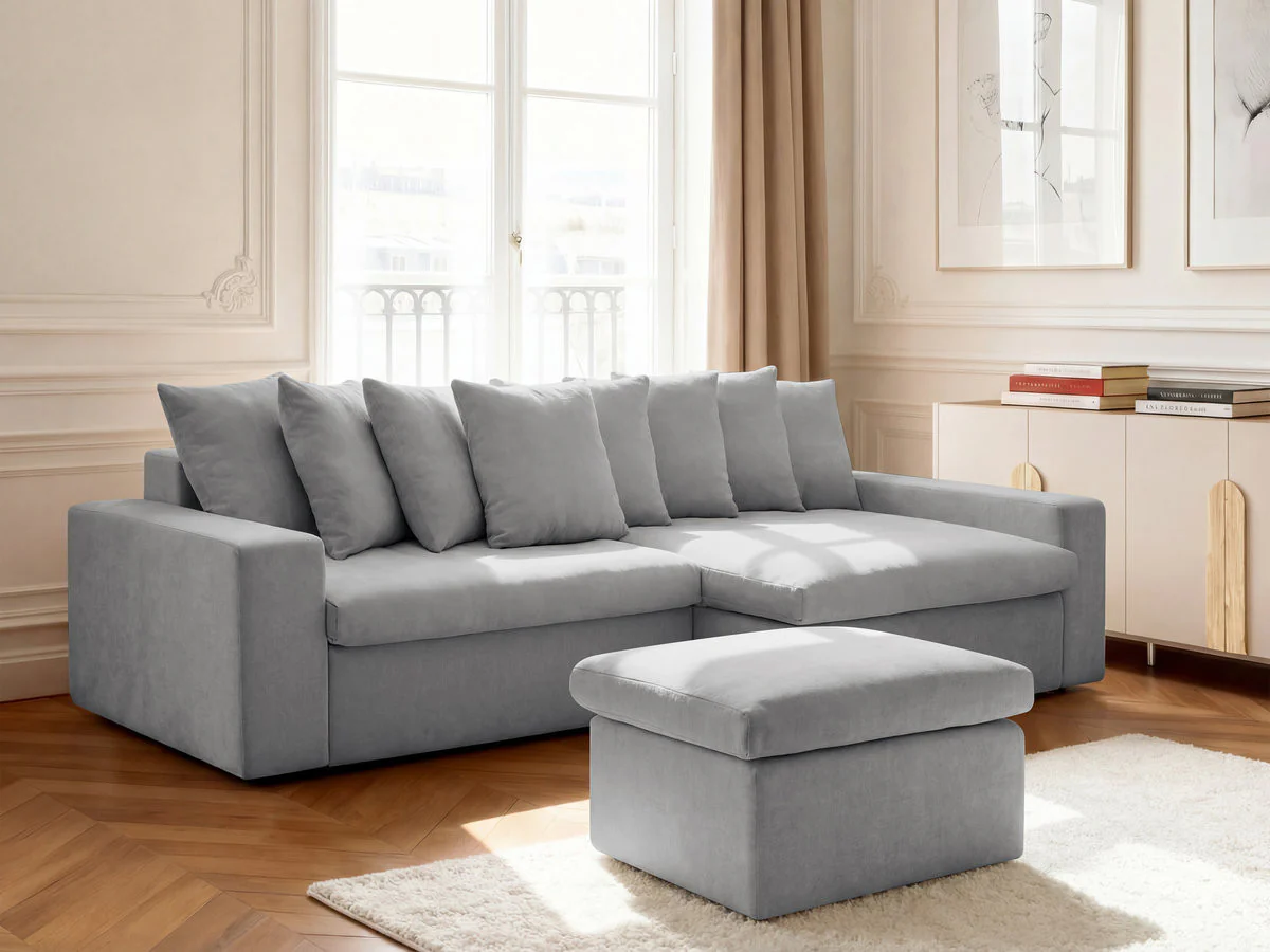 Canapé d'angle fixe ENORE tissu lisse avec pouf - Image 5