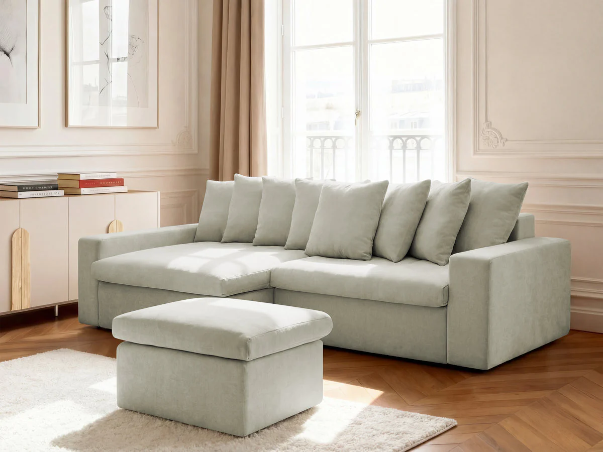 Canapé d'angle fixe ENORE tissu lisse avec pouf - Image 6