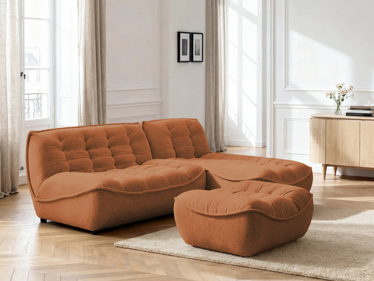 Canapé d'angle fixe modulable SERENA tissu chiné avec pouf - Image 13