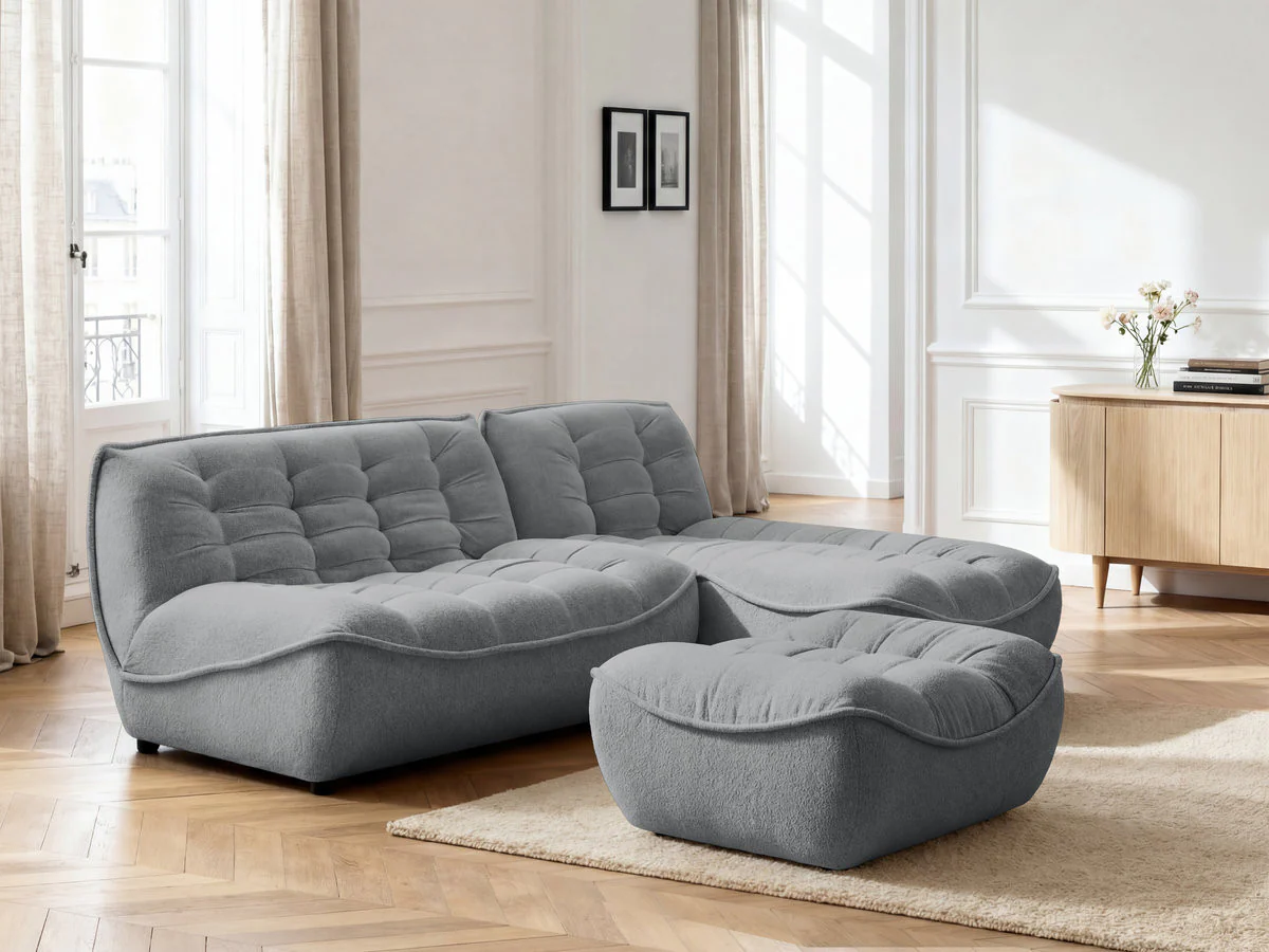 Canapé d'angle fixe modulable SERENA tissu chiné avec pouf - Image 8