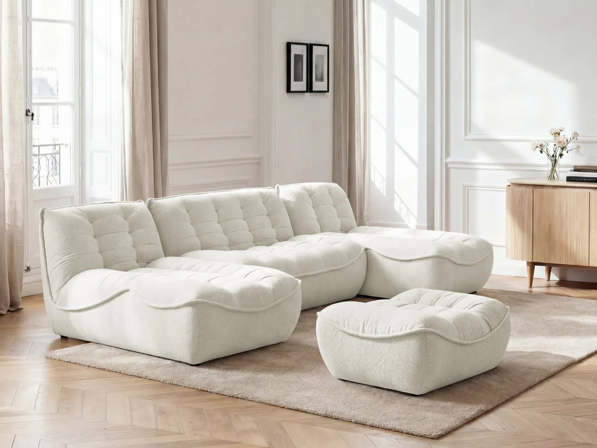Canapé panoramique fixe modulable SERENA tissu chiné avec pouf