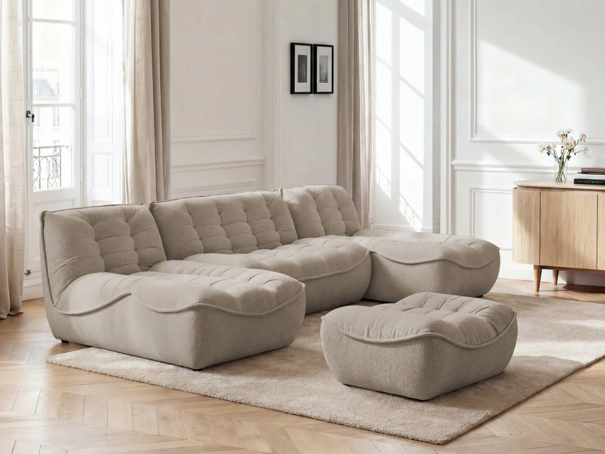 Canapé panoramique fixe modulable SERENA tissu chiné avec pouf - Image 11