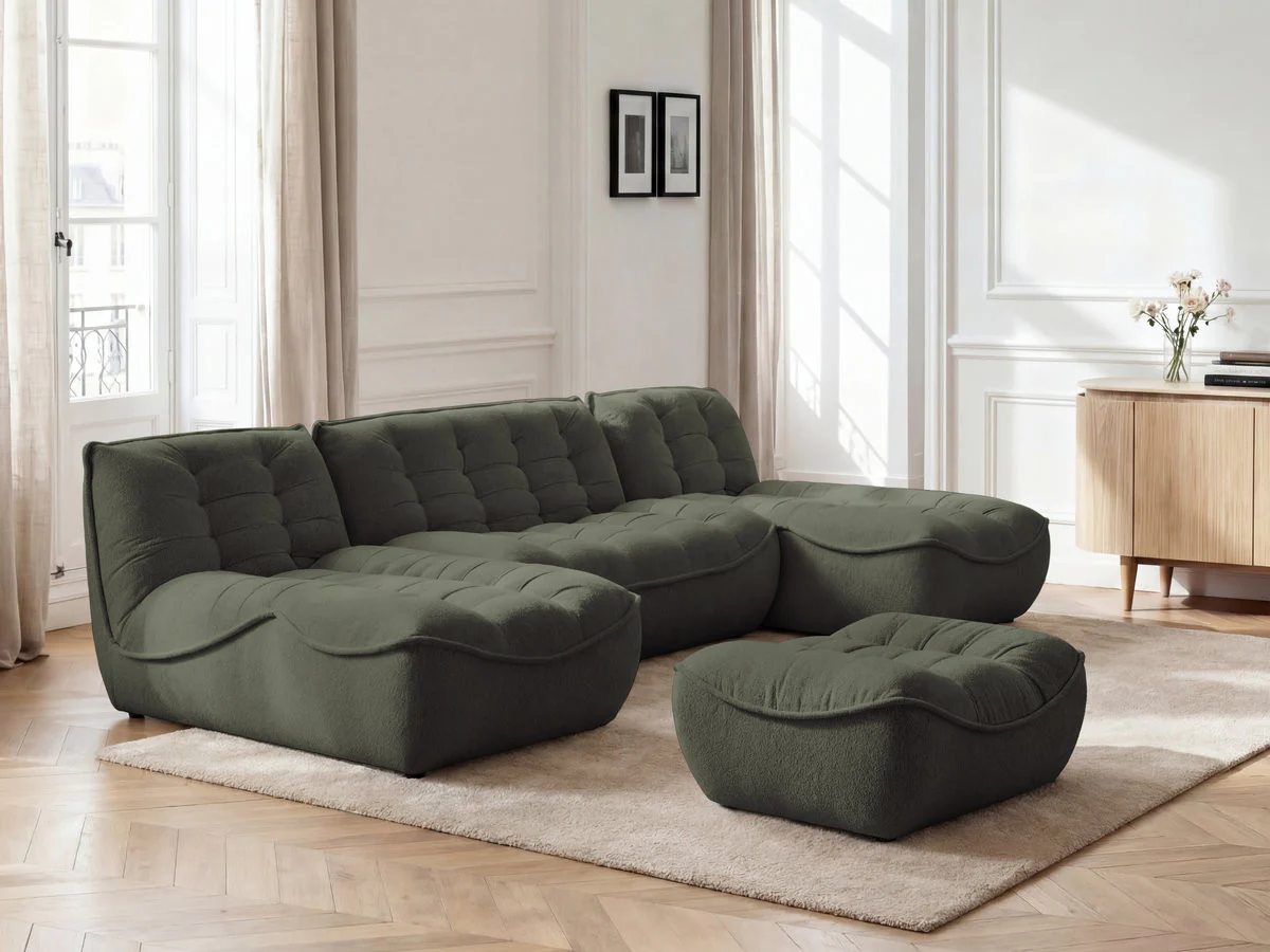 Canapé panoramique fixe modulable SERENA tissu chiné avec pouf - Image 6