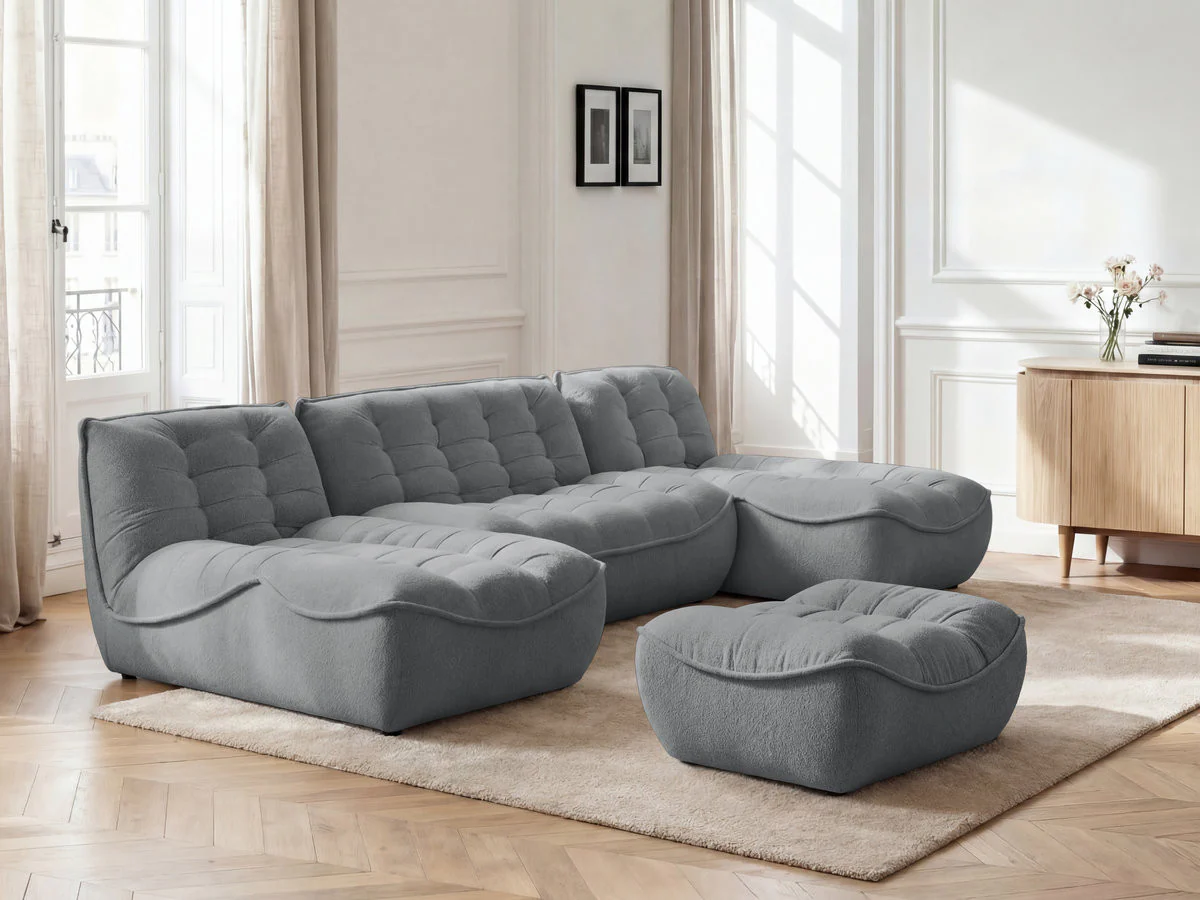 Canapé panoramique fixe modulable SERENA tissu chiné avec pouf - Image 8