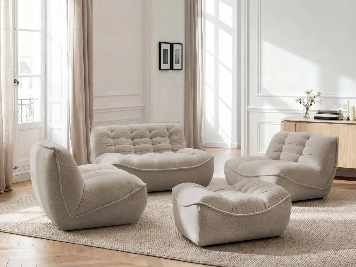 Canapé droit fixe modulable SERENA avec 2 chauffeuses 1 place et 1 chauffeuse 2 places tissu chiné avec pouf - Image 10