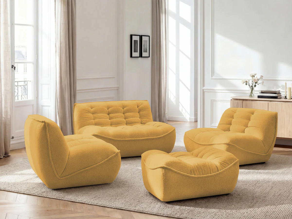 Canapé droit fixe modulable SERENA avec 2 chauffeuses 1 place et 1 chauffeuse 2 places tissu chiné avec pouf - Image 13