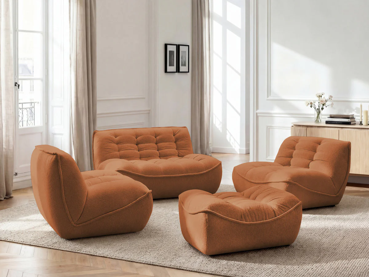 Canapé droit fixe modulable SERENA avec 2 chauffeuses 1 place et 1 chauffeuse 2 places tissu chiné avec pouf - Image 3