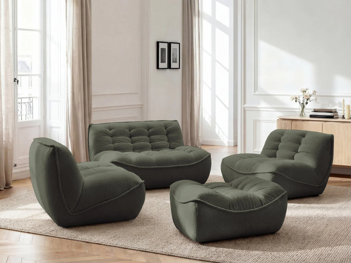 Canapé droit fixe modulable SERENA avec 2 chauffeuses 1 place et 1 chauffeuse 2 places tissu chiné avec pouf - Image 5