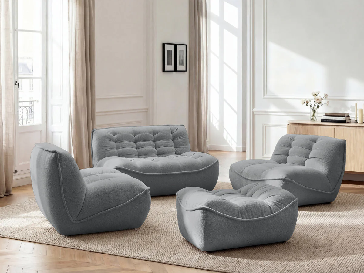 Canapé droit fixe modulable SERENA avec 2 chauffeuses 1 place et 1 chauffeuse 2 places tissu chiné avec pouf - Image 7