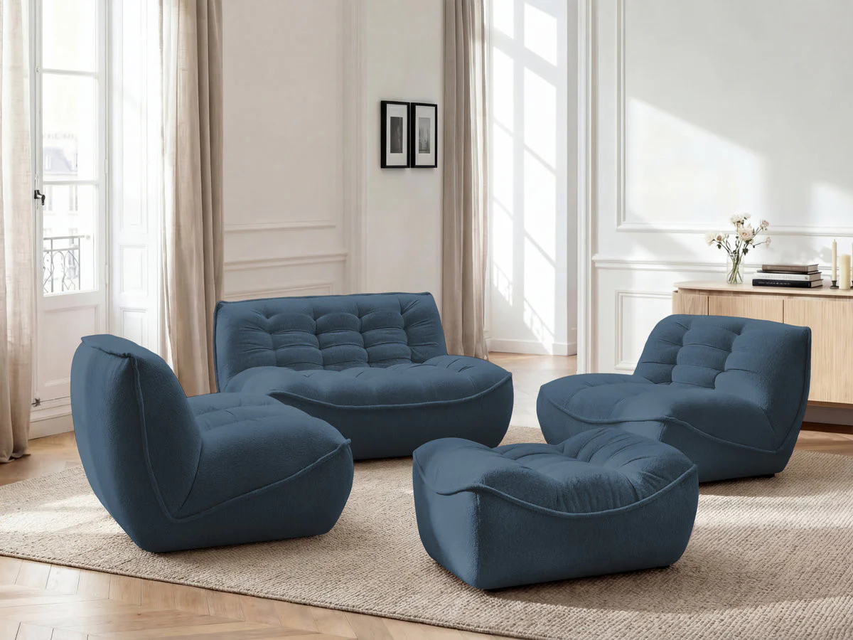 Canapé droit fixe modulable SERENA avec 2 chauffeuses 1 place et 1 chauffeuse 2 places tissu chiné avec pouf - Image 8