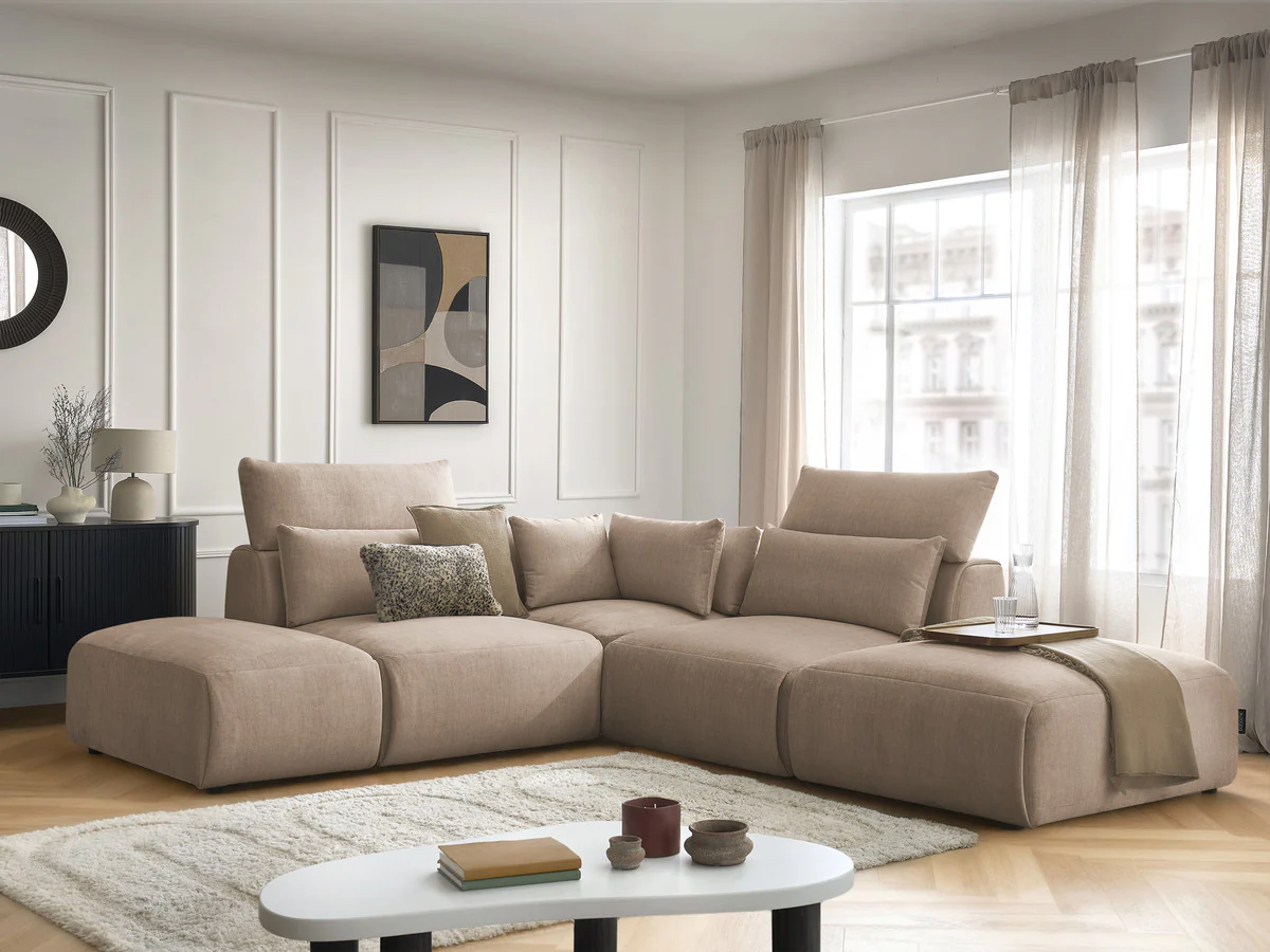 Canapé d'angle fixe modulable avec têtières JANA tissu velours avec 2 chauffeuses, 1 angle et 2 poufs - Image 10