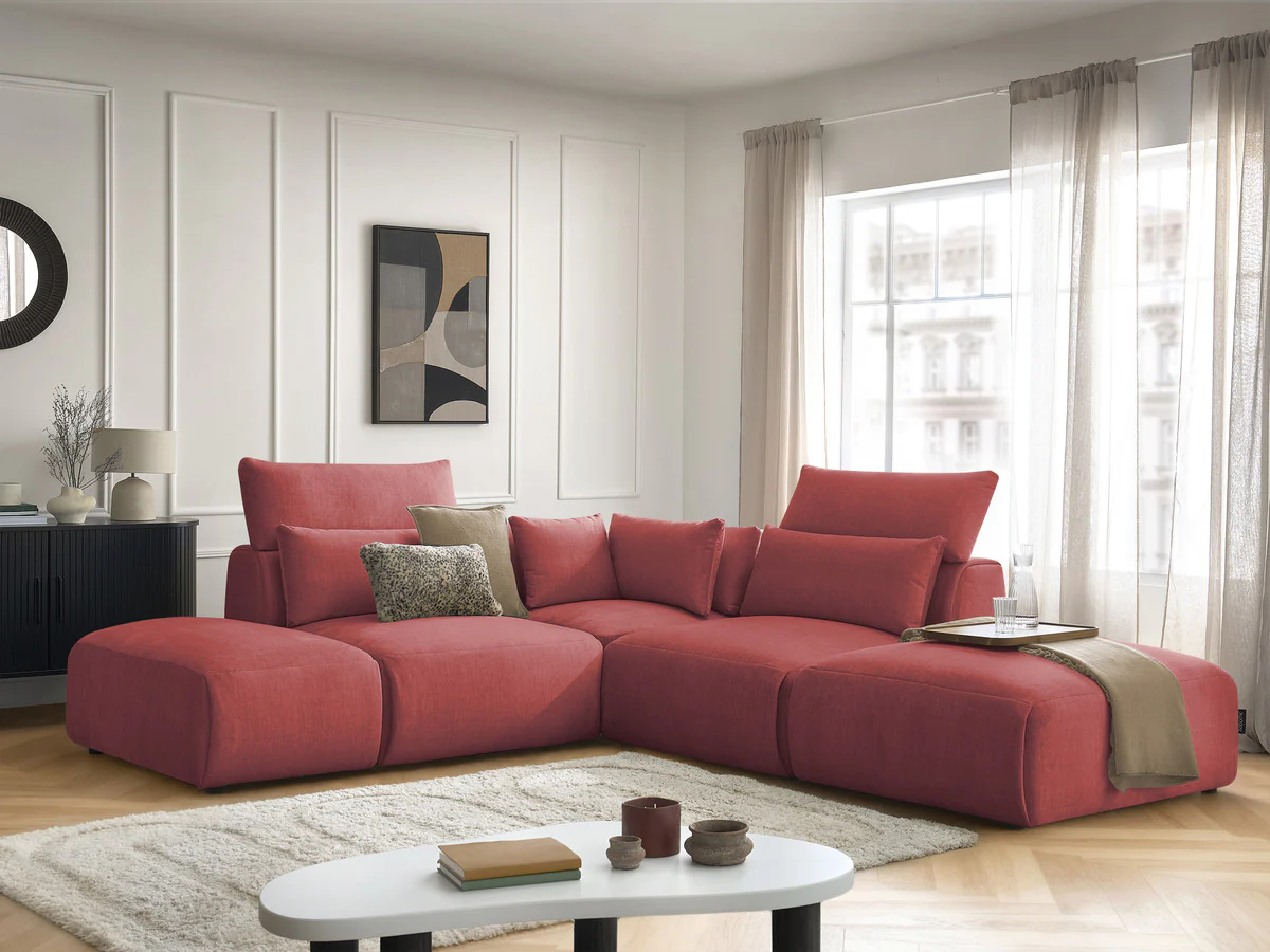 Canapé d'angle fixe modulable avec têtières JANA tissu velours avec 2 chauffeuses, 1 angle et 2 poufs - Image 11
