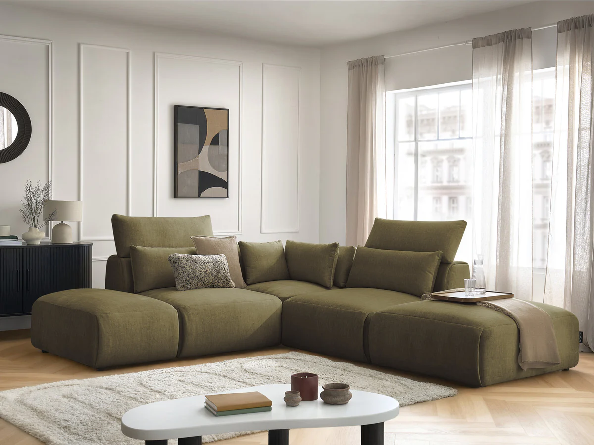 Canapé d'angle fixe modulable avec têtières JANA tissu velours avec 2 chauffeuses, 1 angle et 2 poufs - Image 13