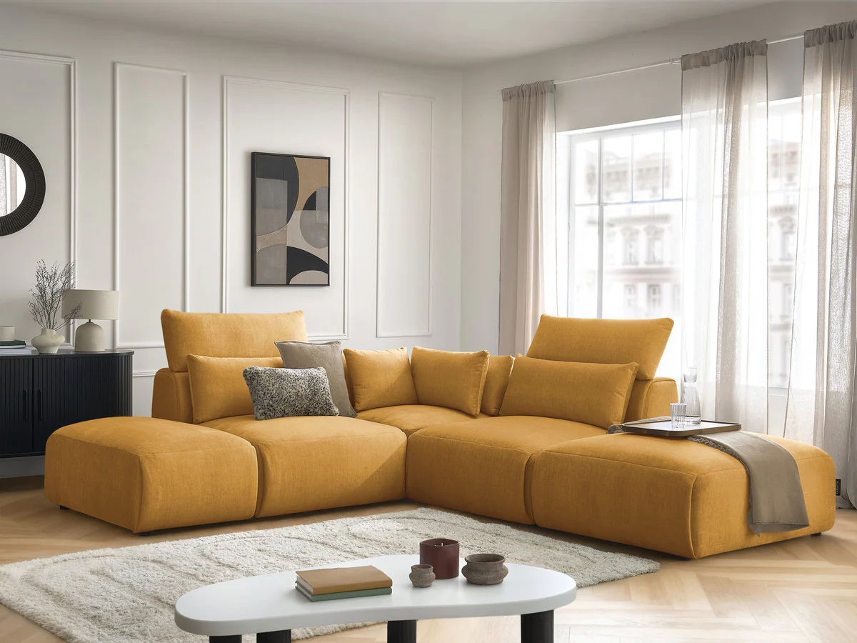 Canapé d'angle fixe modulable avec têtières JANA tissu velours avec 2 chauffeuses, 1 angle et 2 poufs - Image 4