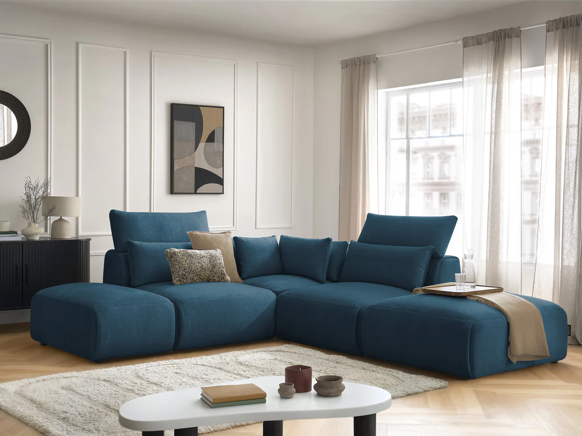 Canapé d'angle fixe modulable avec têtières JANA tissu velours avec 2 chauffeuses, 1 angle et 2 poufs - Image 6