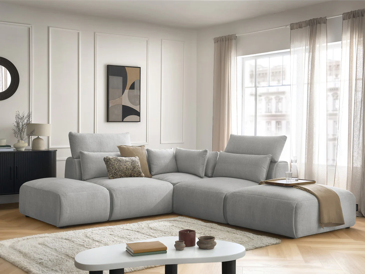 Canapé d'angle fixe modulable avec têtières JANA tissu velours avec 2 chauffeuses, 1 angle et 2 poufs - Image 7