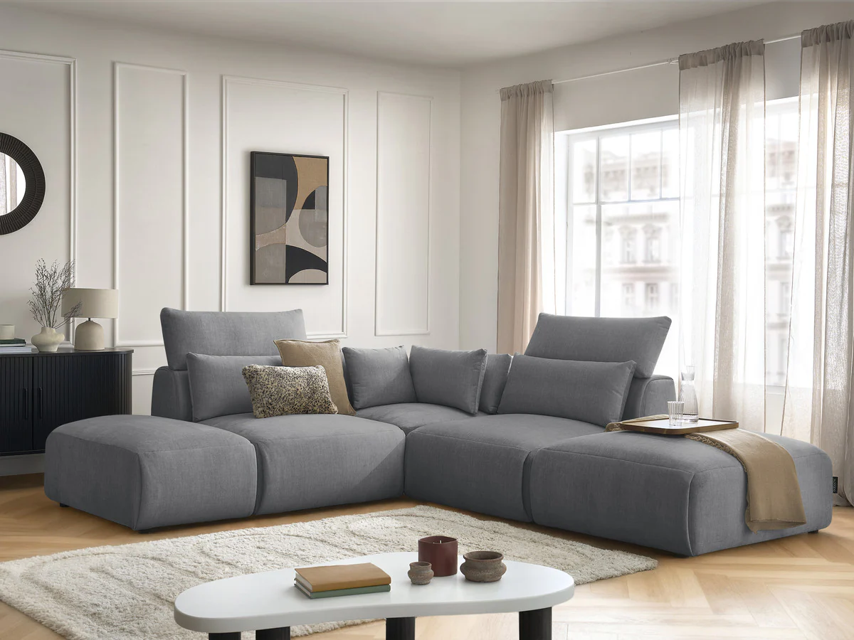 Canapé d'angle fixe modulable avec têtières JANA tissu velours avec 2 chauffeuses, 1 angle et 2 poufs - Image 8