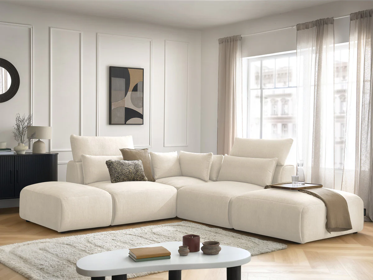 Canapé d'angle fixe modulable avec têtières JANA tissu velours avec 2 chauffeuses, 1 angle et 2 poufs - Image 9