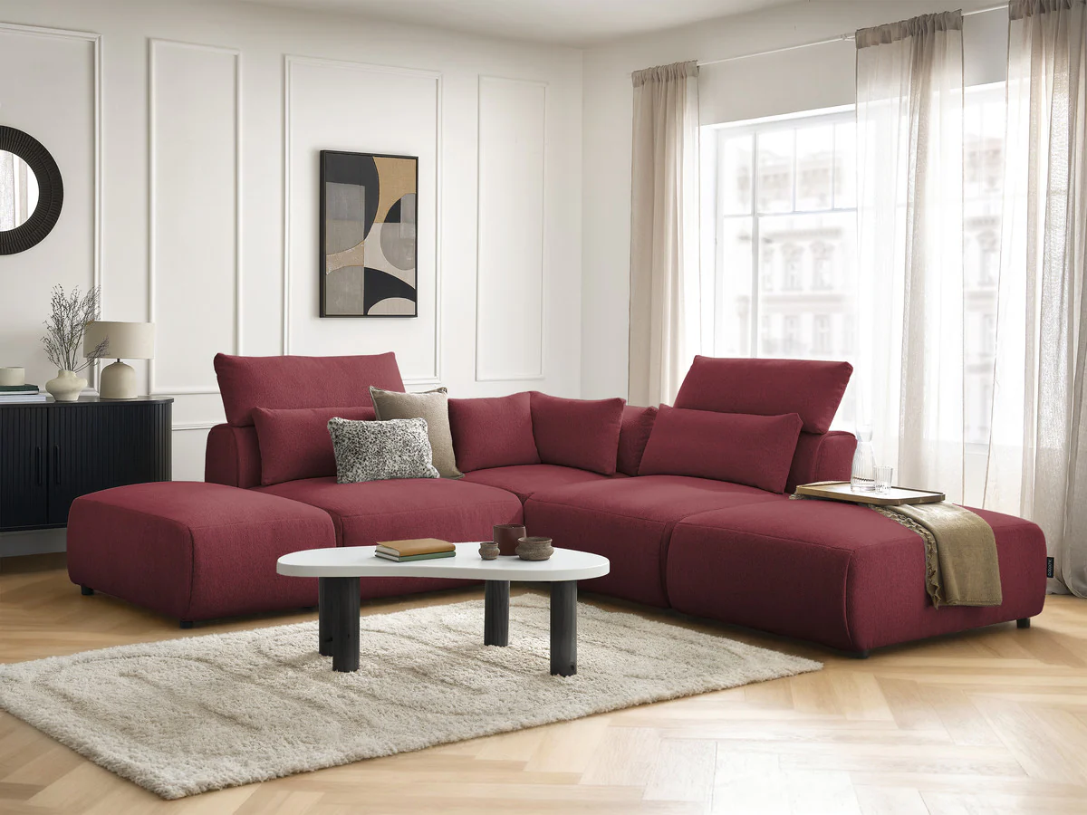 Canapé d'angle fixe modulable avec têtières JANA tissu chiné avec 2 chauffeuses, 1 angle et 2 poufs - Image 13