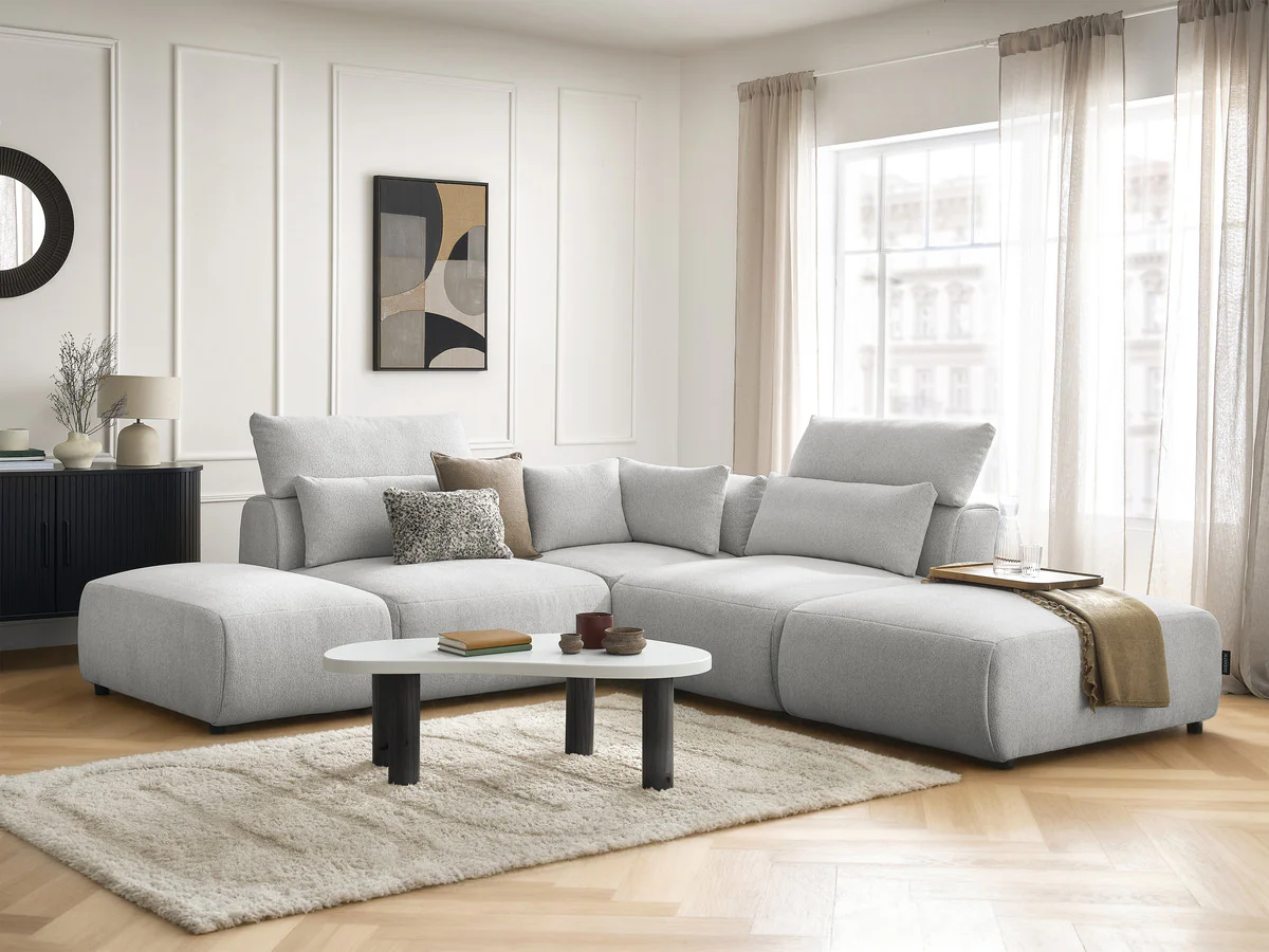 Canapé d'angle fixe modulable avec têtières JANA tissu chiné avec 2 chauffeuses, 1 angle et 2 poufs - Image 16