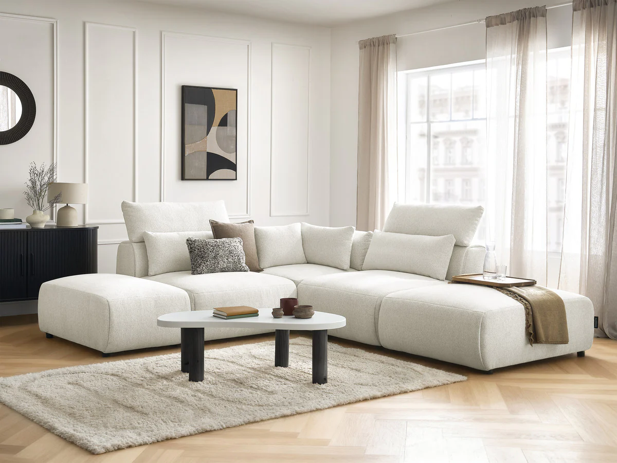 Canapé d'angle fixe modulable avec têtières JANA tissu chiné avec 2 chauffeuses, 1 angle et 2 poufs - Image 2